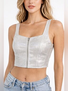 Wayf Silver Metallic Zip-Front Crop Top